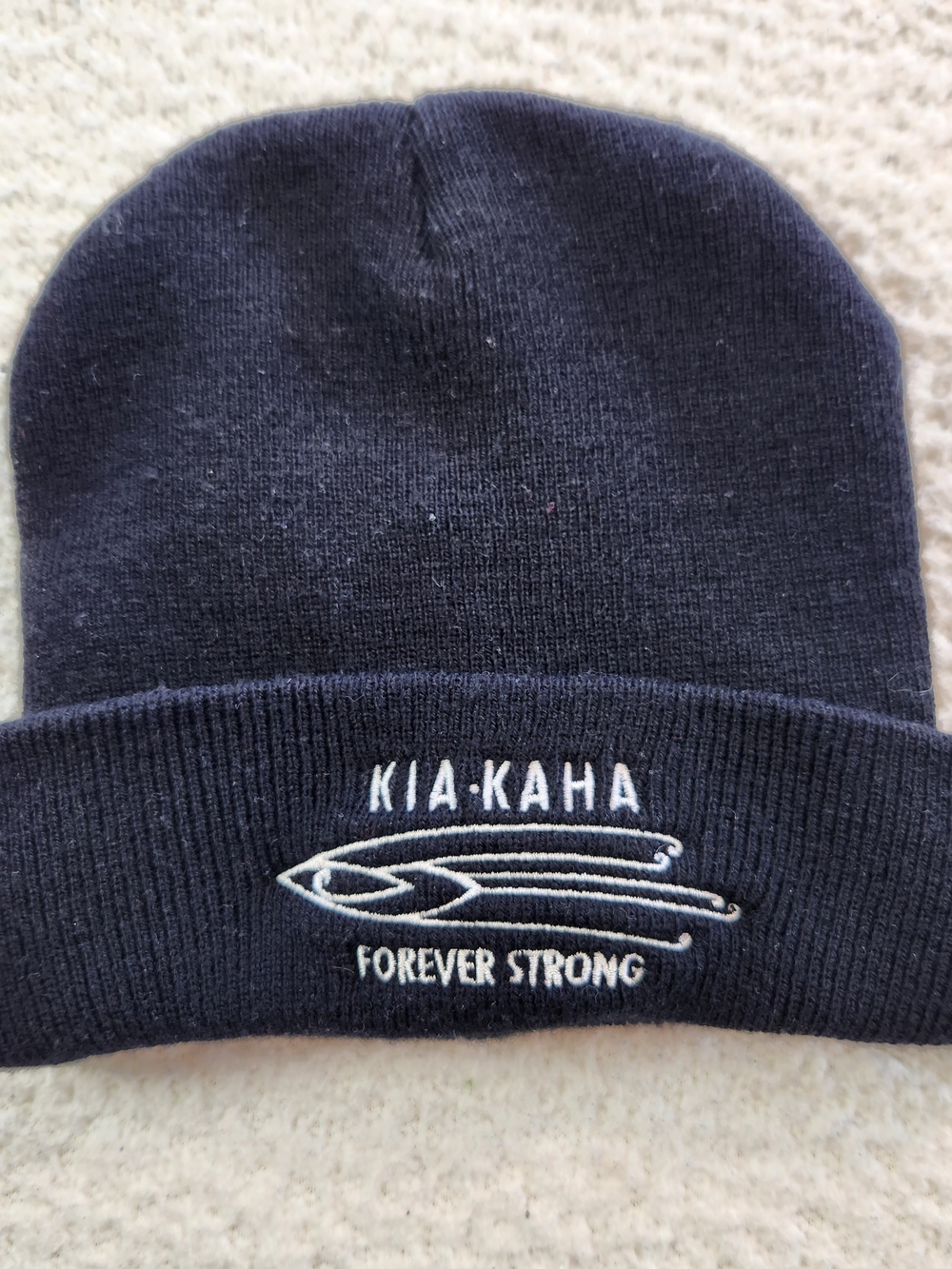 Kia-Kaha Forever Strong Embroidered Cuff Beanie Hat — Navy Knit Winter Cap